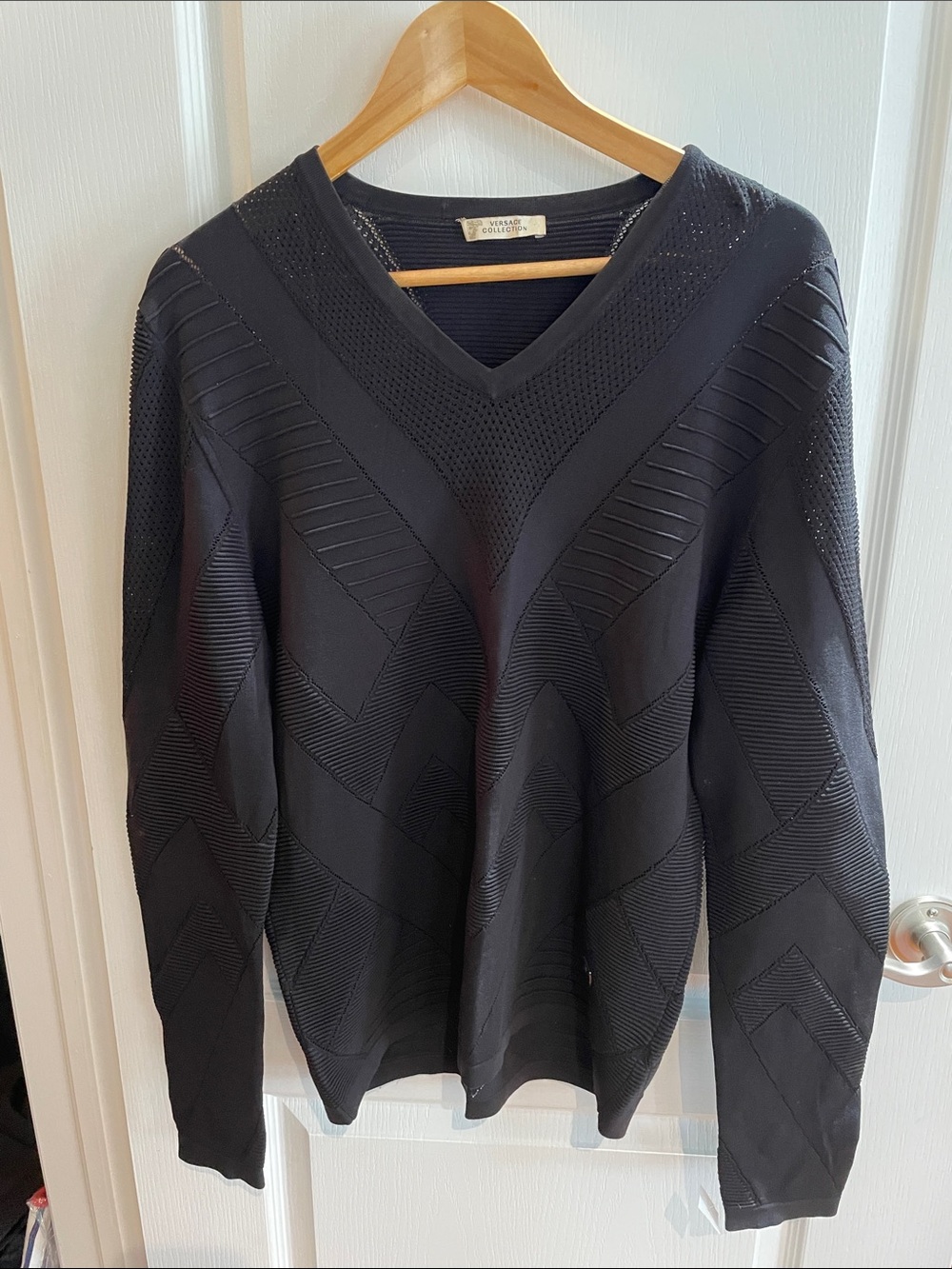 Versace Black Textured V-Neck Knit Sweater